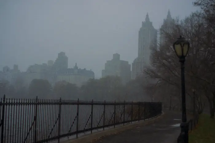 A foggy foreground in Central Park with buildings behind it and the railing near the lake.